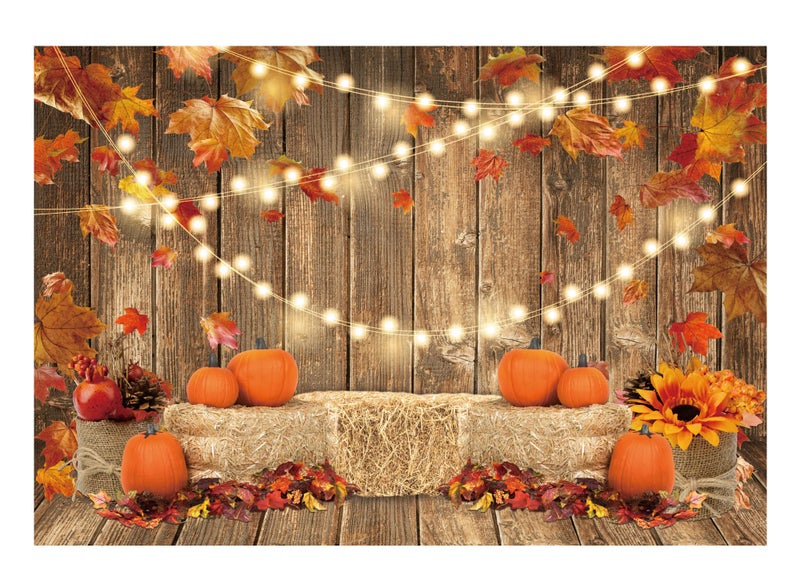 Funnytree 7x5FT Fall Pumpkin Photography Backdrop Autumn Thanksgiving Harvest Hay Leaves Wooden Background Sunflower Maple Baby Shower Banner Decoration Party Supplies Photo Booth Prop - Image 1